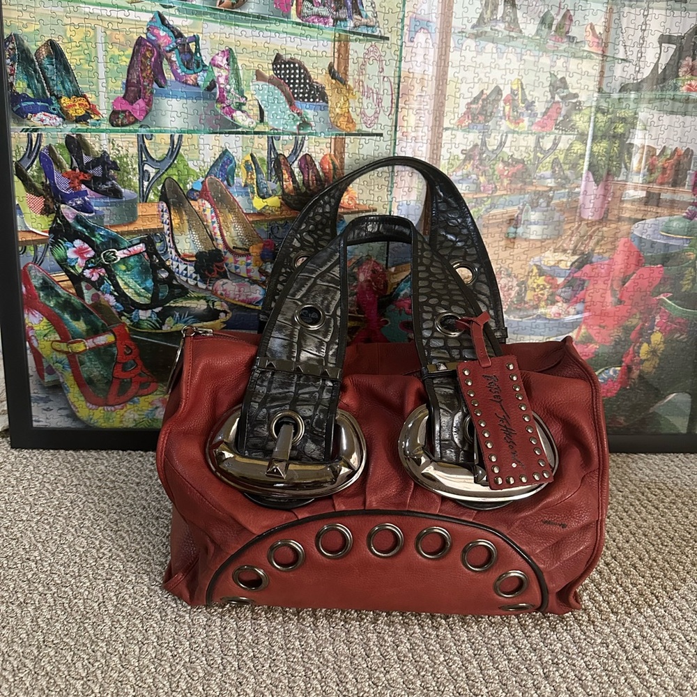 Betsey Johnson Red Satchel with Black Croc-Effect Straps